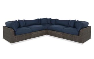 Dream 5 Piece Navy & Brown Wicker Outdoor Sectional from Dream Outdoor collection, featuring modular all-weather wicker with navy polyester cushions and rust-free aluminum frame.