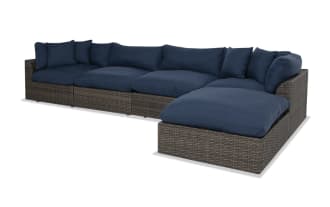 Dream 5 Piece Navy & Brown Wicker Outdoor Sectional with oversized reversible navy cushions, all-weather wicker, aluminum frame, and modular design.