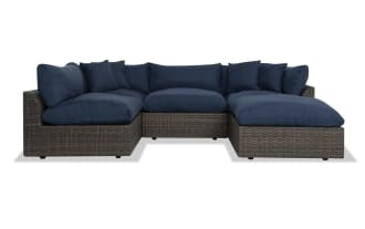 Dream 5 Piece Navy & Brown Wicker Outdoor Sectional with oversized reversible navy cushions, all-weather wicker, aluminum frame, and modular design.