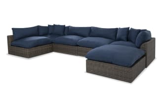 Dream 6 Piece Navy & Brown Wicker Outdoor Sectional from Dream Outdoor collection, transitional style with navy polyester cushions, all-weather wicker, and aluminum frame.