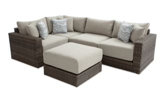 Modular Bob® 5 Piece Beige & Brown Wicker Outdoor Conversation Set with Ottoman, transitional style, all-weather wicker, rust-proof aluminum frame, beige polyester cushions with memory foam, versatile sectional for outdoor seating.