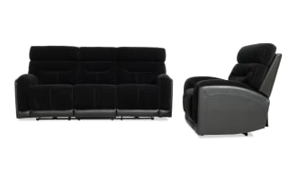 Black reclining sofa set with plush cushioned seats and backrests, featuring soft fabric upholstery and leather accents on armrests and base, shown from front and side views.