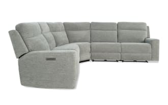 Gray fabric sectional sofa with reclining seats and padded armrests, featuring a modern design and soft textured upholstery.