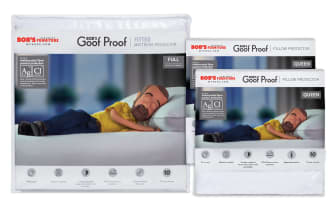 Basic Full Mattress & Pillow Protector Bundle by Bob’s Discount Furniture featuring antimicrobial silver protection. Includes full-size fitted mattress protector and queen-size zippered pillow protectors. Made with breathable, natural white Cotton Terry surface and nylon backing. Waterproof, wick-away moisture treatment, elasticized fitted sheet style for easy use. Machine washable, stain-resistant mattress and pillow covers designed for durability and hygiene. 10-year warranty.