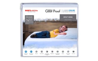 Essential Split King Cooling Mattress & Pillow Protector Bundle by Bob's Furniture, made of antimicrobial nylon and cotton terry. This light gray set features cooling fiber technology to disperse body heat five times faster than polyester, with wick-away treatment for moisture management. Machine washable, it offers waterproof protection against stains, dust mites, and allergens, ensuring a cooler, cleaner sleep surface. Includes a 5-sided cooling mattress protector and cooling pillow protector in king and split king sizes.