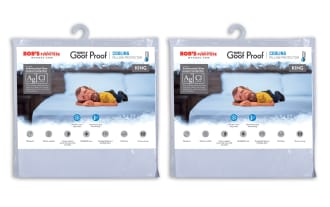 Set of 2 King Cooling Pillow Protectors by Bob’s Discount Furniture, nylon fabric with antimicrobial silver, light blue color, six-sided encasement, cooling fiber technology disperses heat 5x faster, wick away moisture, waterproof, machine washable, protects against dust mites, bed bugs, stains, and allergens.