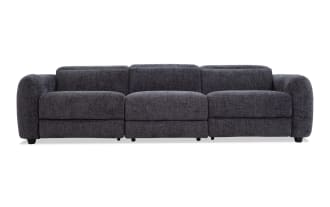 Dark gray fabric upholstered modern three-seater sofa with rounded armrests and plush cushions, ideal for contemporary living rooms.