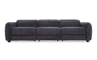 Dark gray fabric upholstered modern three-seater sofa with rounded armrests and plush cushions, designed for comfortable living room seating.