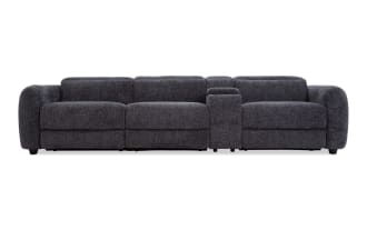 Dark gray fabric sectional sofa with plush cushions, rounded armrests, and a built-in center console for storage and cup holders, ideal for modern living rooms.