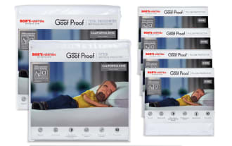 Bob's Discount Furniture Goof Proof mattress and pillow protectors in white, featuring antimicrobial silver protection, waterproof, machine washable, with 10-year warranty. Includes California King total encasement and fitted mattress protectors, plus King-size pillow protectors.