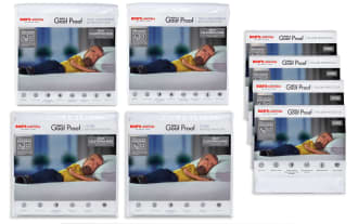 Bob's Furniture Goof Proof mattress and pillow protectors in white, featuring antimicrobial silver protection, waterproof, machine washable, split California King size, total encasement and fitted styles, with 10-year warranty.