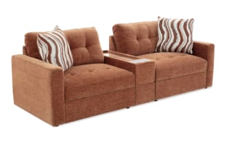 Contemporary Modular Bob® Spice 98'' 3-piece fabric loveseat with console, memory foam cushions, hidden storage, USB ports, and orange polyester upholstery.