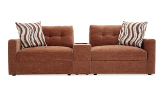 Contemporary Modular Bob® Spice 98'' 3-piece fabric loveseat with console, memory foam cushions, hidden storage, USB ports, and orange polyester upholstery.