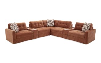 Modular Bob® Spice 129'' 7-piece contemporary sectional in orange polyester fabric with memory foam cushions, storage seats, consoles, and USB ports.
