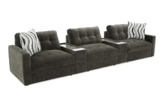Modular Bob® Forest 147'' 5-piece contemporary storage sofa in green polyester fabric, featuring 2 consoles with USB ports, armless and arm-facing storage chairs.