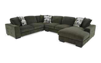 Transitional Playground Forest 145" green fabric sectional with right-arm chaise, hand-tufted polyester upholstery, memory foam cushions, and pop-up sleeper function.