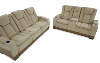 Beige and brown three-seater recliner sofa with quilted fabric upholstery, padded armrests, and cushioned back support, shown from front and side views.