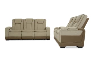 Beige and brown three-seater recliner sofa with quilted fabric upholstery, padded armrests, and cushioned back support, shown from front and side views.