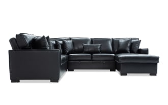 Playmax Black Leather 124'' 4 Piece Right Arm Facing Pop-Up Sleeper Chaise Sectional with Armless Storage Loveseat & USB & USB-C Ports