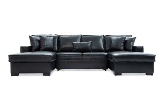 Playmax Black Leather 120'' 3 PIece Pop-Up Sleeper Dual Chaise Sectional with USB & USB-C Ports