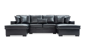 Playmax Black Leather 120'' 3 PIece Storage Dual Chaise Sectional with USB & USB-C Ports