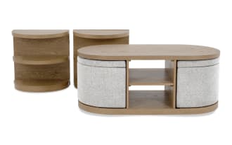 Hampton Natural & Beige Oval Storage Coffee Table with 2 Nesting End Tables, contemporary beige MDF and polyester fabric, Hampton Entertainment & Occasional collection, featuring spacious shelving and hidden storage compartments.