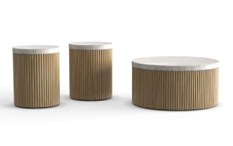 Set of three modern round side tables with vertical ribbed wood bases and white marble tops, featuring two tall and one short table.