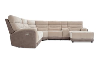 Phantom Beige 146'' power reclining 6-piece right arm facing chaise sectional in plush beige polyester fabric with USB & USB-C ports, transitional style.