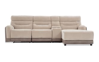 Phantom Beige 118'' transitional 4-piece sectional with right-arm chaise, plush polyester fabric, power recline, USB/USB-C ports, and memory foam cushions.