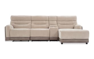 Phantom Beige 118'' power reclining 4-piece sectional with right arm chaise, armless recliner, plush polyester fabric, USB/USB-C ports, transitional style.