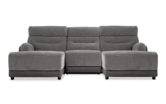Phantom Gray 104'' power reclining 3-piece dual chaise sectional in plush gray polyester fabric, transitional style with USB/USB-C ports and memory foam cushions.