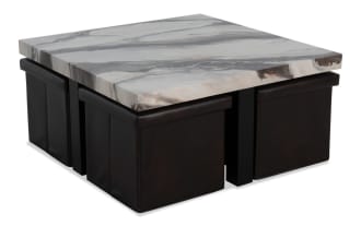 Luna White Coffee Table with faux marble MDF top and four brown polypropylene storage ottomans in transitional style for living room organization.