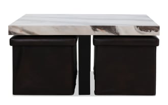 Luna White Coffee Table with faux marble MDF top and four brown polypropylene storage ottomans in transitional style for living room organization.