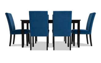 Riviera 7 Piece Black & Blue Upholstered Dining Set with velvet blue fabric chairs, nailhead trim, and faux marble tabletop in contemporary style.