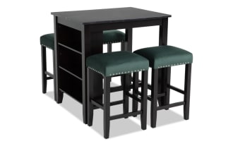 Riviera 5 Piece Black & Green Upholstered Counter Height Kitchen Island Set with faux marble top, velvet green stools with nailhead trim, MDF and rubberwood solids. Contemporary Riviera Dining collection with built-in storage shelves.