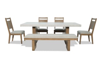 Monterey 6 Piece Natural & Gray Panel Back Upholstered Dining Set with Bench, traditional style, gray polyester fabric, MDF and hardwood solids, faux concrete melamine tabletop, includes four memory foam chairs and cushioned bench.