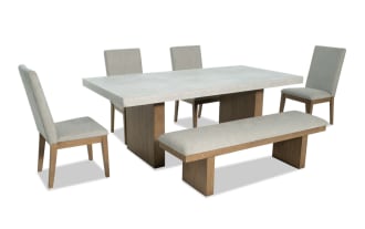Monterey 6 Piece Natural & Gray Dining Set with faux concrete melamine table top, four gray fabric-upholstered memory foam chairs, and matching bench.