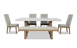 Monterey 6 Piece Natural & Gray Dining Set with faux concrete melamine table top, four gray fabric-upholstered memory foam chairs, and matching bench.