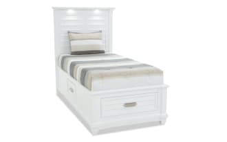 Sunset Cove Youth Twin White All Around Storage Bed in coastal style, MDF construction, with built-in drawer and touch LED lighting.