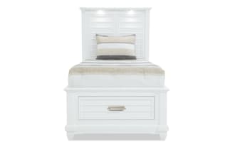 Sunset Cove Youth Twin White All Around Storage Bed in coastal style, MDF construction, with built-in drawer and touch LED lighting.