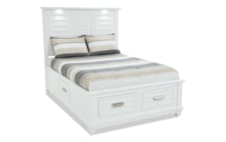 Sunset Cove Youth Full White All Around Storage Bed in coastal style with MDF frame, white finish, louvered headboard, and 2 front drawers for storage.
