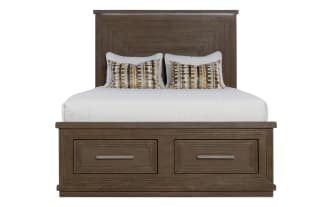 Contemporary Infinity Queen Brown Storage Platform Bed in MDF with two front cedar-lined drawers, geometric headboard, and sleek wood finish.