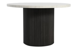 Delaney Black & White Marble Round Dining Table with genuine white marble top and black ribbed rubberwood base, contemporary style from Delaney Dining collection.