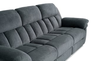 Dark gray fabric reclining sofa and armchair set with plush cushions and padded armrests, designed for living room comfort and relaxation.