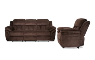 Brown plush fabric reclining sofa and armchair set with padded armrests and cushioned back support, designed for living room comfort.