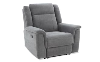 Gray fabric upholstered recliner chair with padded armrests and cushioned backrest, designed for living room comfort and relaxation.