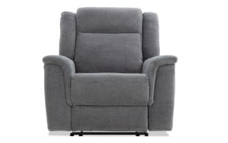 Gray fabric upholstered recliner chair with padded armrests and cushioned backrest, designed for living room comfort and relaxation.