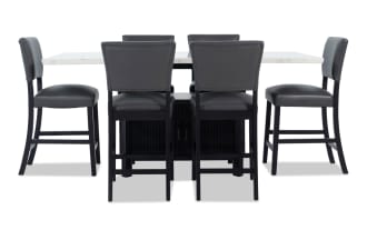 Elm 7 Piece Espresso, Marble & Gray Faux Leather Storage Counter Height Dining Set with transitional style, marble tabletop, gray faux leather Bob-O-Pedic® Memory Foam chairs, and espresso MDF base with storage.
