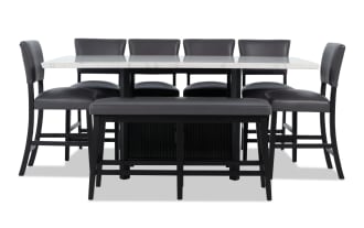 Elm 8 Piece Espresso, Marble & Gray Faux Leather Storage Counter Height Dining Set with Bench, featuring a marble tabletop, gray faux leather upholstery, transitional style, and plush memory foam seating.