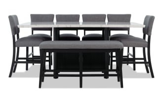 Elm 8 Piece Espresso, Marble & Light Gray Upholstered Storage Counter Height Dining Set with bench, featuring a marble tabletop, light gray polyester fabric seats with memory foam, and espresso-finished MDF frame in a transitional style.